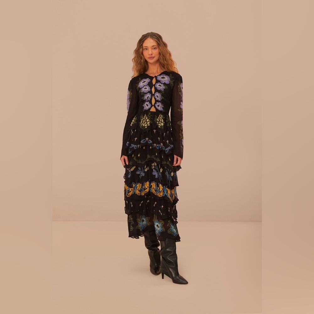 Farm Rio Floral Embroidered Ruffle Maxi Dress